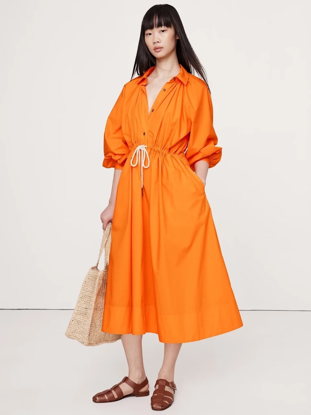 Banana Republic Vibrant Orange Drawcord Midi Shirt Dress